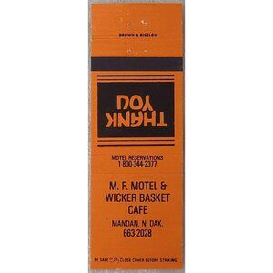 Vtg Matchbook Cover MF Motel Wicker Basket Cafe Mandan ND North Dakota Orange